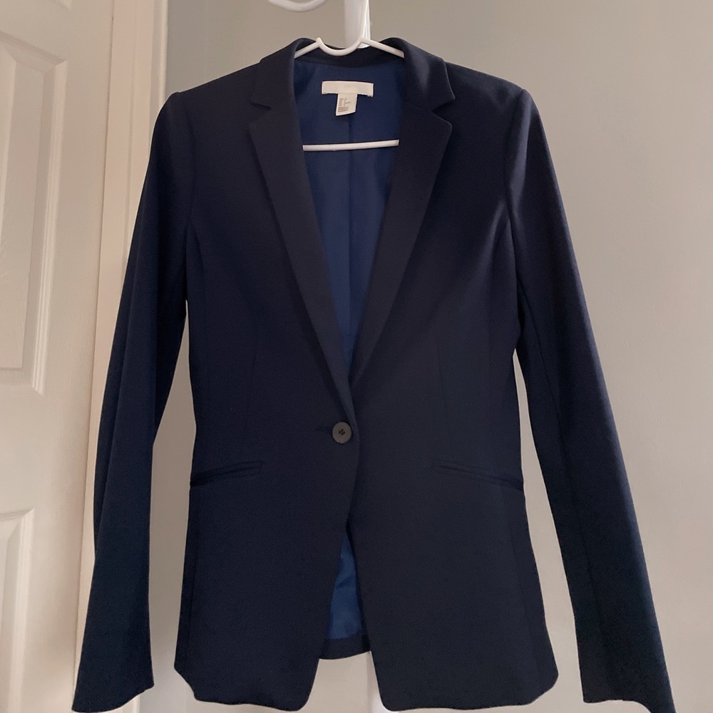 H&M Slim Fit Business Formal Single Button Blazer Navy Office Wear With Pockets